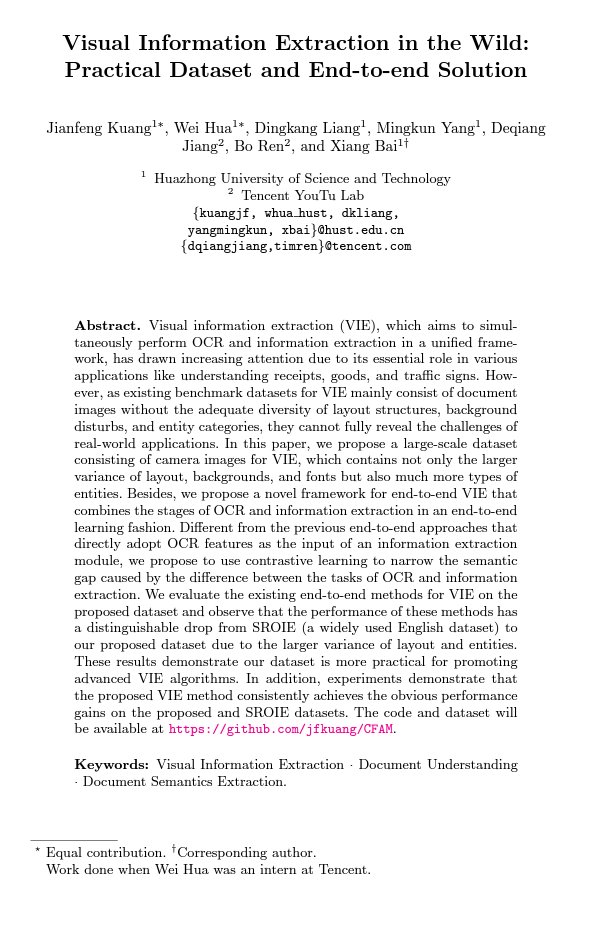 OpenMMLab's tweet photo. 🥳Visual Information Extraction in the Wild: Practical Dataset and End-to-end Solution. #ICDAR2023
Paper: https://t.co/zWALb5ZOPR
Code: https://t.co/juz9mZNZEV
😊Based on #MMOCR https://t.co/VCKlgAaIWm