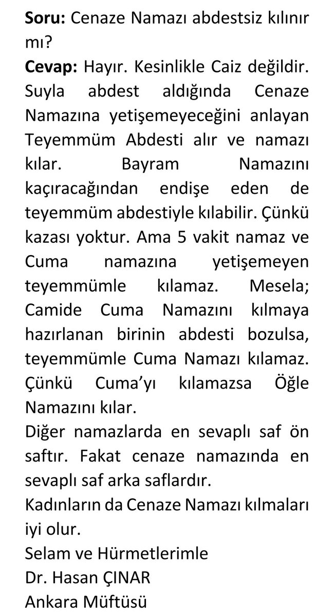 Soru: Cenaze Namazı abdestsiz kılınır mı?