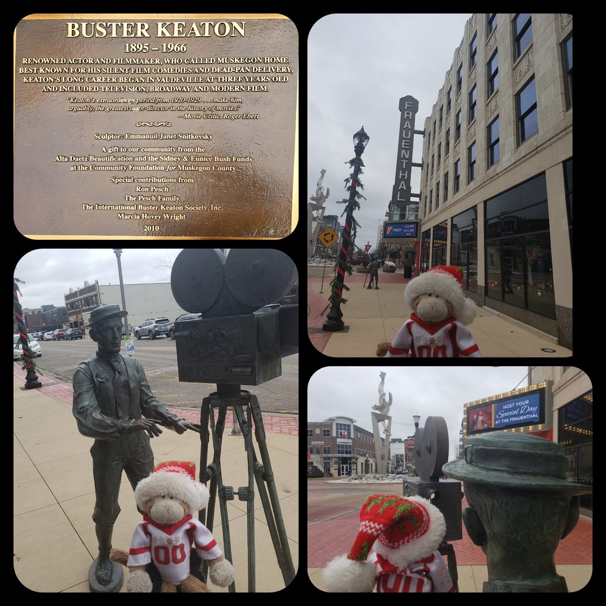 TravelingMocha's tweet photo. Before taking in America’s Tallest Singing Christmas Tree, I visited the Buster Keaton Statue outside the Frauenthal Center of the Performing Arts.
#MonkeyBusiness #SingingTreeTrip #MuskegonMonkey #busterkeaton https://t.co/diEO1EGeFR