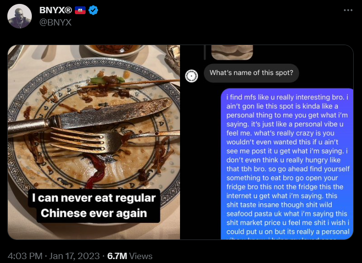 GiddyOnGaming's tweet photo. @kirawontmiss That post was from BNYX on Jan 17,  2023.

He attended the GIVENCHY menswear winter show Jan 18, 2023.

The GIVENCHY A/W 23 MENSWEAR was in Paris.

A Chinese restaurant in Paris uses those same dishes and uses flatware instead of chopsticks.

The restaurant is Chez Diep. https://t.co/HeKOW3oOd9