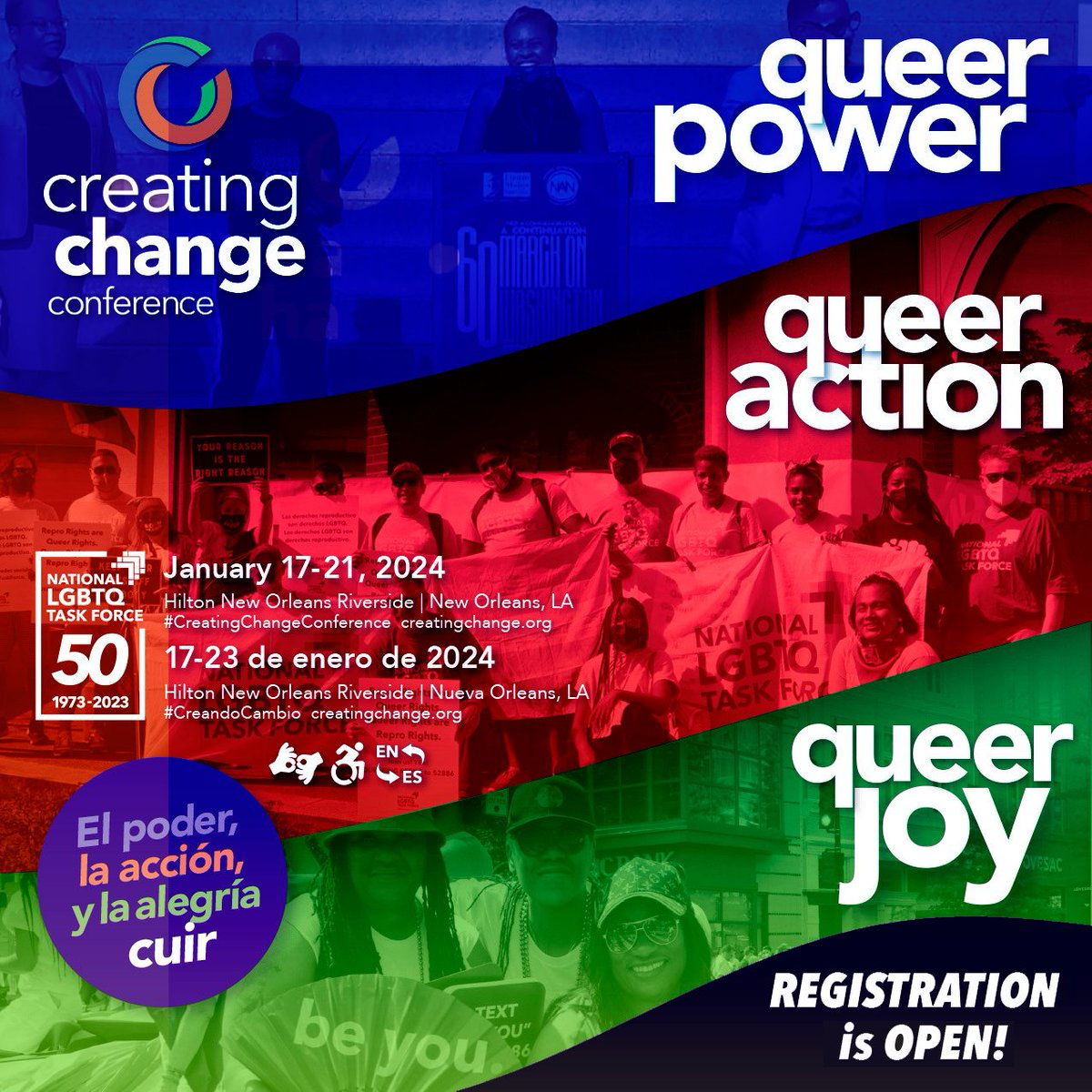The next Creating Change conf is taking place in New Orleans from Jan 17-21, 2024!

The deadline to request ASL/PT interpreters is Dec 8 via the online registration form.

More info: creatingchange.org

We hope to see you in NOLA next month!

#CC24 #DeafQueersCreatingChange