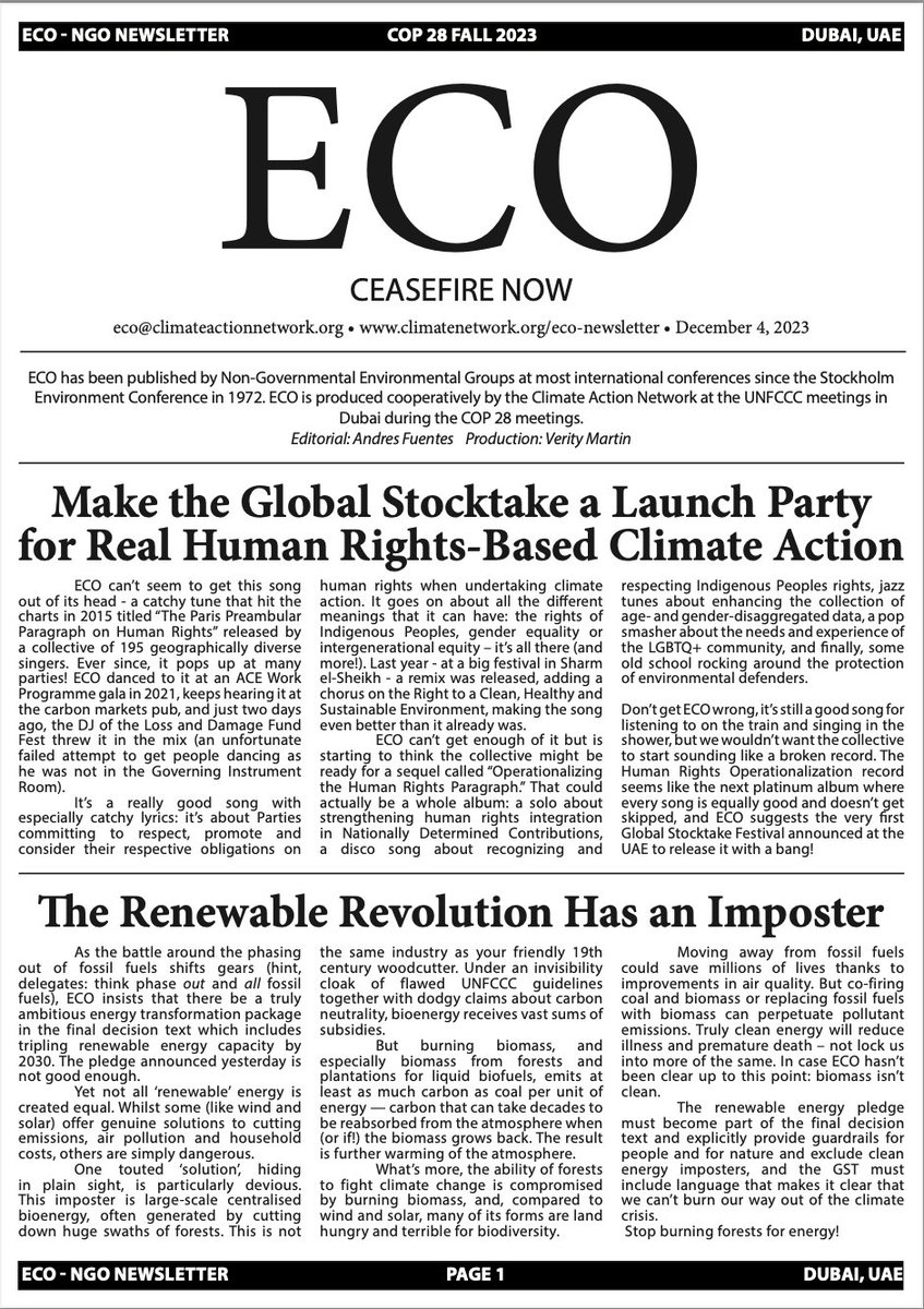 📰 It's the fifth day of #COP28 — and today's ECO is hot off the press. 

Focus for today is on finance, fossils and one very weird sandwich called Global Decarbonization Accelerator.... 

Read the full version here: climatenetwork.org/wp-content/upl…