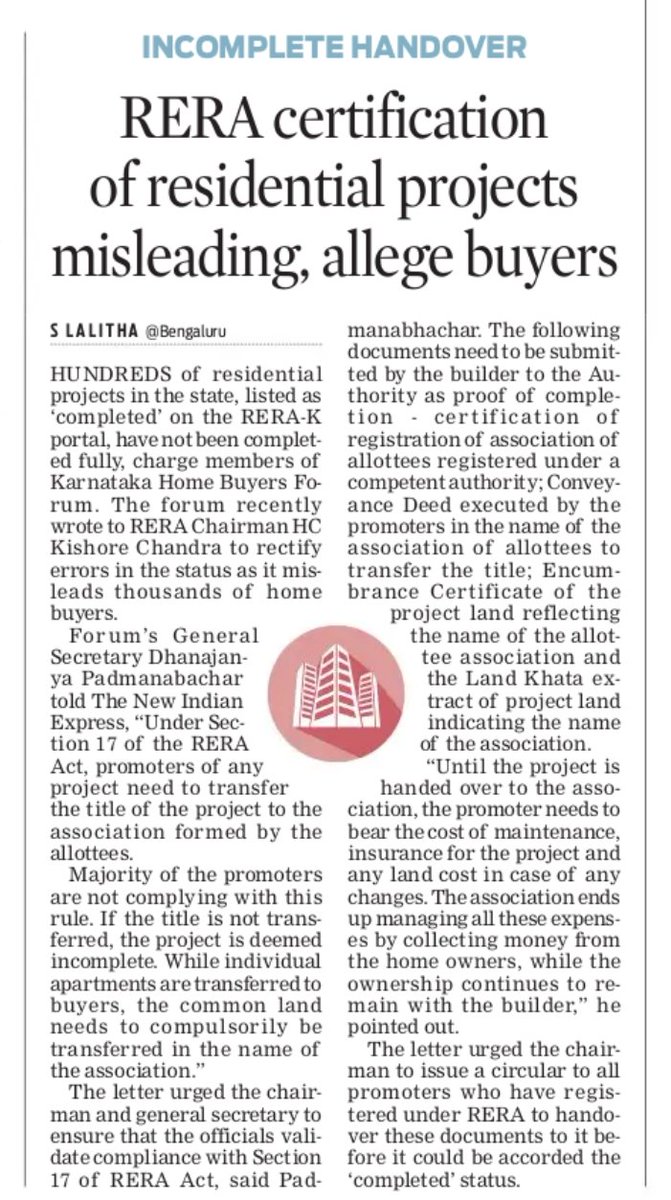 Lolita_TNIE's tweet photo. Most projects shown as completed on the K'taka Real Estate Regulatory Authority portal are not really complete, stresses @KA_HomeBuyers. The transfer of title of common area in the name of assn of allottees must be done as per the RERA Act which is not done @NewIndianXpress https://t.co/eEGLxyKqXV