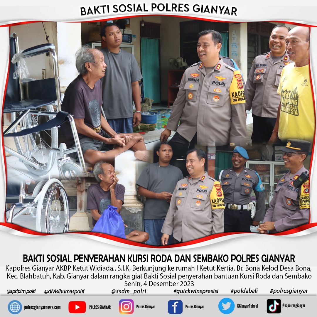 PTampaksiring's tweet photo. BAKTI SOSIAL PENYERAHAN KURSI RODA DAN SEMBAKO POLRES GIANYAR
Kapolres Gianyar AKBP Ketut Widiada.S.I.K, Berkunjung ke rumah I Ketut Kertia,Br. Bona Kelod Desa Bona, Kec. Blahbatuh,Kab. Gianyar dlm rangka giat Bakti Sosial penyerahan bantuan Kursi Roda dan Sembako
Senin, 4/12/23 https://t.co/0ZvqgKSgMO