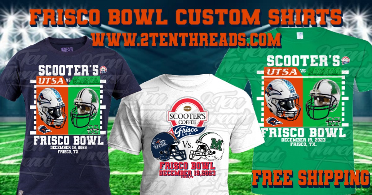 UTSA Football and Marshall Battle it out December 19th in the Scooter's Frisco Bowl! Want a custom shirt? We have you covered! #UTSA #roadrunners #RoadrunnerPride #ncaafootball #marshall #marshallcountry #TheHerd #birdsup🤙