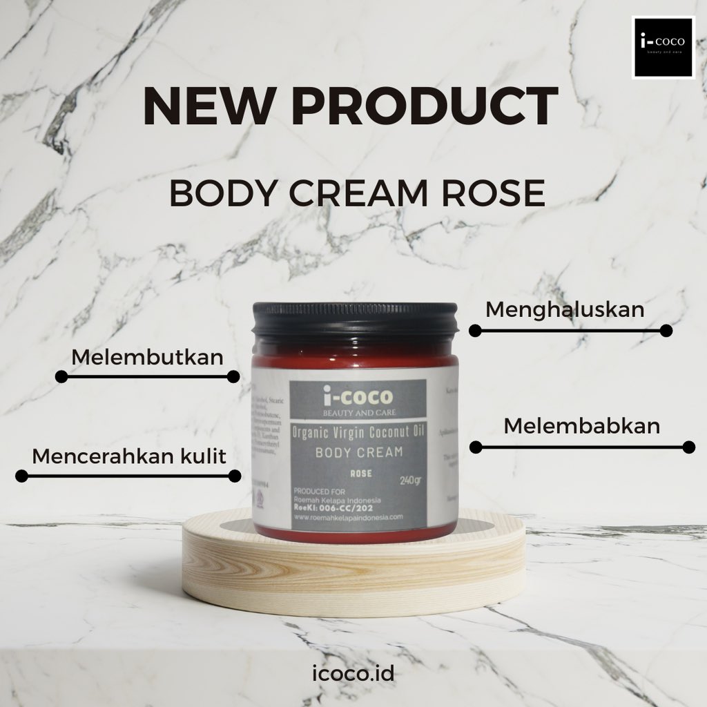 icoco_id's tweet photo. Body Cream Rose mengandung Virgin Coconut Oil dengan aroma khas bunga mawar yang membantu merawat kulit yang kering agar tetap lembut dan halus. Krim pelembab ini sangat cocok untuk kulit kering dan juga untuk mereka yang banyak beraktivitas dalam ruangan ber-AC. https://t.co/T16m5qyF4b