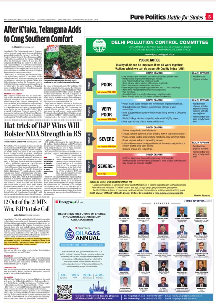 Comprehensive coverage in the Economic Times on election results in Rajasthan, Madhya Pradesh, Chhattisgarh and Telangana. From the big picture to numbers and issues that mattered.