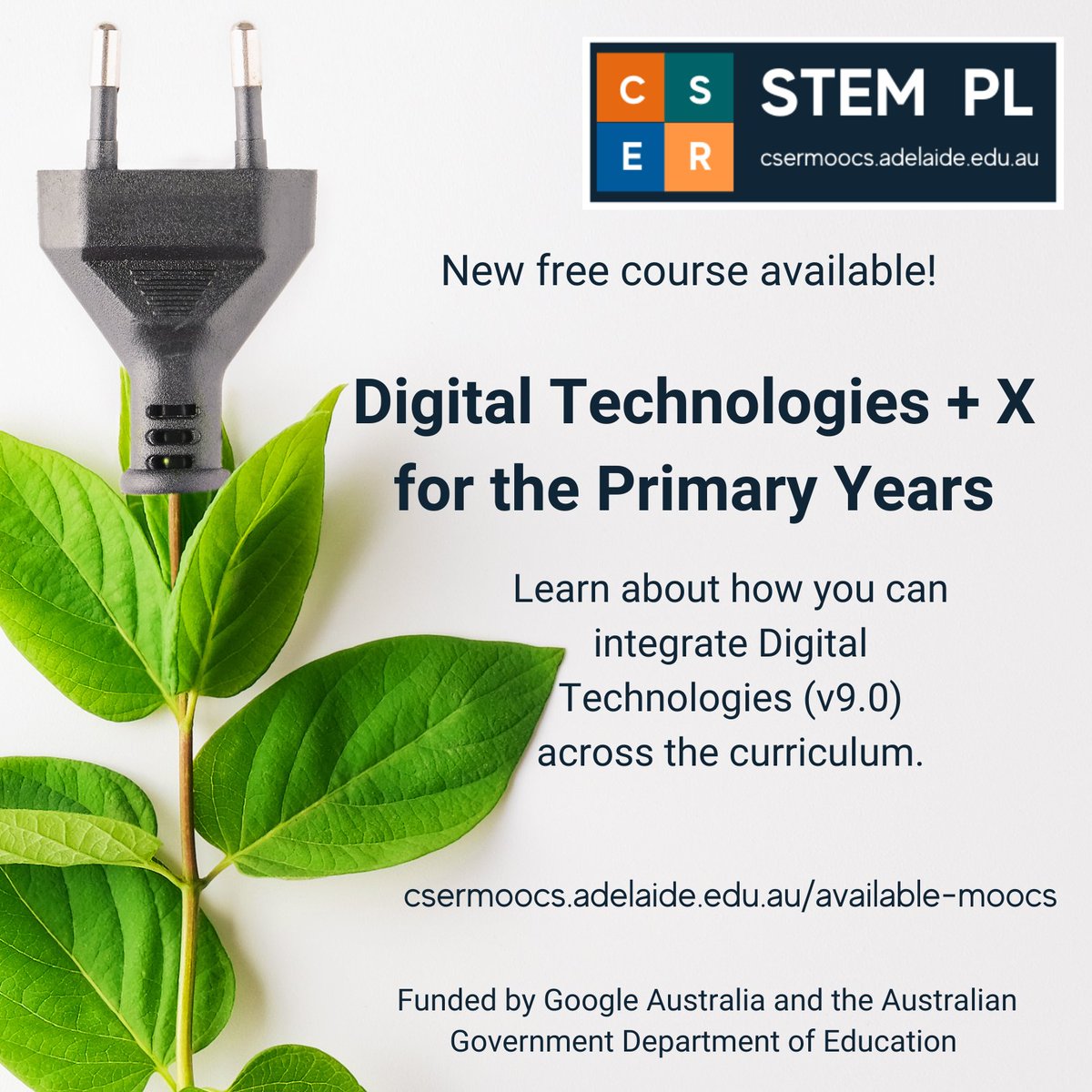 Have you seen our new free online course? Digital Technologies + X for the Primary Years. Enrol free now via bit.ly/DTplusX_MOOC #DigitalTechnologies + #Sustainability + #English + #Maths #csermoocs #edtech #Aboriginal&TorresStraitIslander #Histories&Cultures #CCP