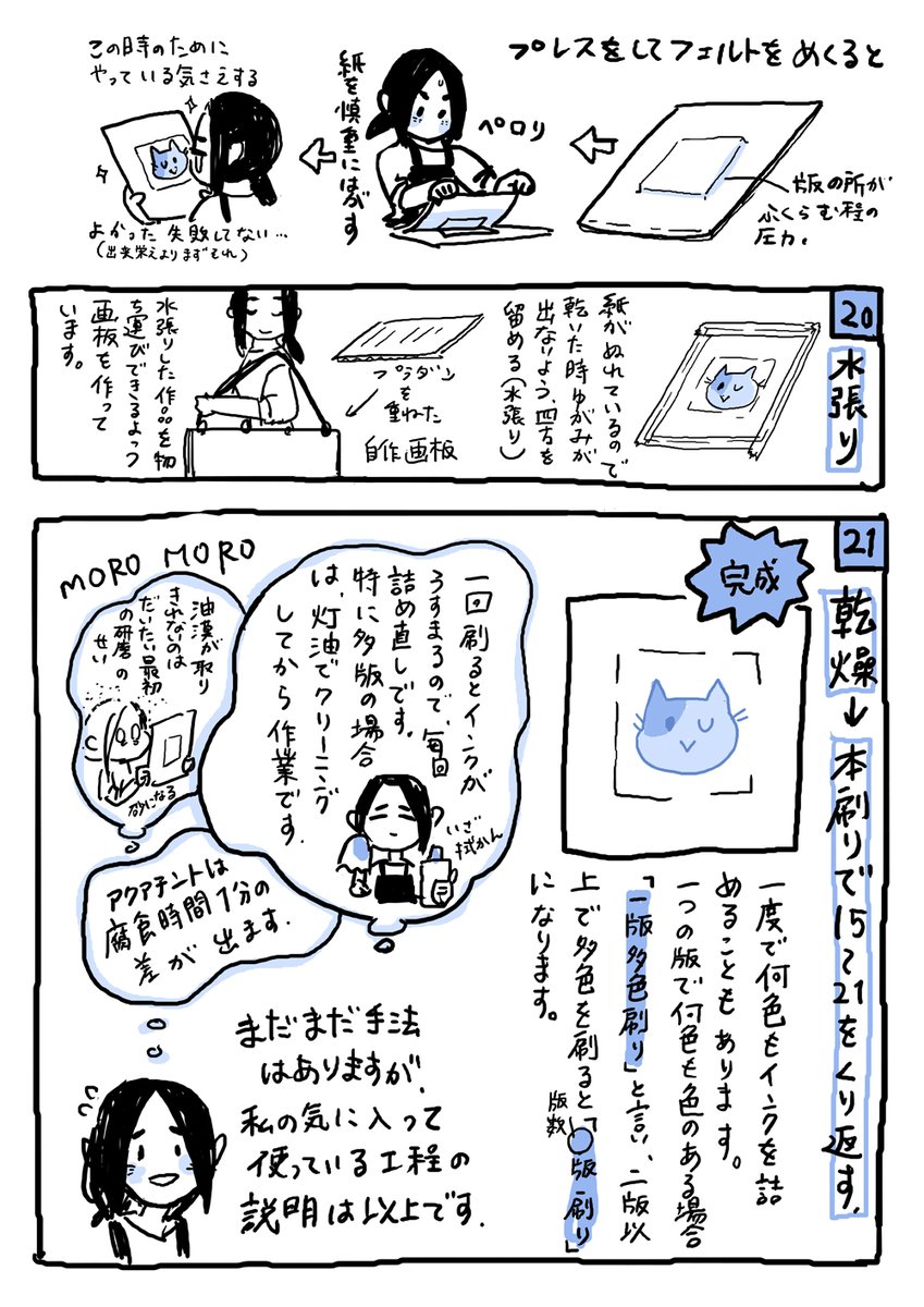 私がやっている銅版画の過程説明漫画(2)です。 じっくり見てもらって伝わると嬉しいな....! 版画は化学。ちなみに防腐の止めニスは油性ペンでもできるので、細かい部分は油性ペンで止めています。不思議!