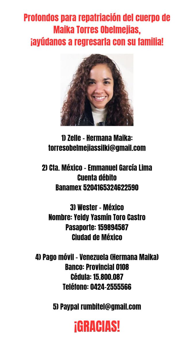 adriacoralys's tweet photo. SOLICITAMOS CON URGENCIA‼️
Apoyo económico para repatriar a Maika Torres, venezolana victima de feminicidio en Jalisco

Aún falta mucho dinero para apoyar a su familia, le rogamos colaboren con nosotros. Se agradece muchísimo

#JusticiaParaMaika
#ServicioSocial #fypviraltwitter https://t.co/8B0IBW7TQA