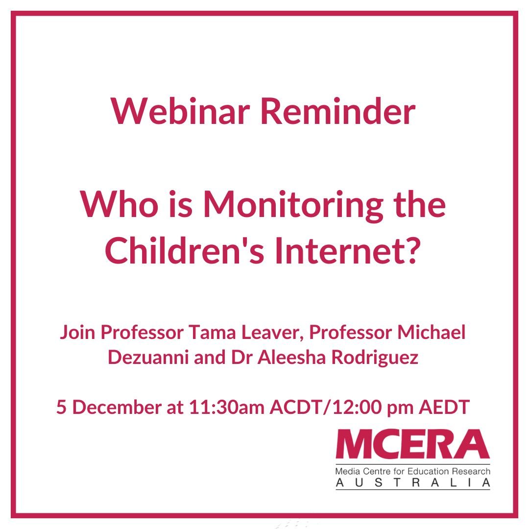 🚨WEBINAR 🚨 Join @digitalchildau researchers @dezuanni (@QUT), @_aleeshajoy (@QUT) and @tamaleaver (@CurtinUni) tomorrow in our webinar on 'Who is Monitoring the Children's Internet?' Register here: eventbrite.com/e/media-webina… Join the webinar via Zoom: us02web.zoom.us/j/82029321650