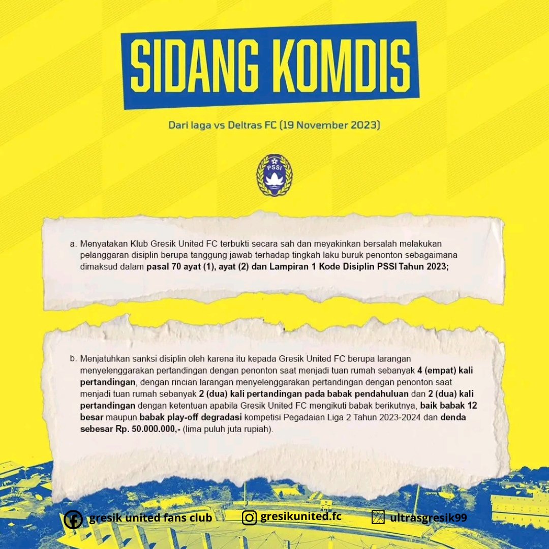 Hasil Sidang Komdis setelah manajemen Gresik United mengajukan banding terkait insiden yang terjadi pasca laga vs Deltras FC (19 November 2023). 

#gresikunited #gresikunitedfansclub #kebogiras #LaskarJokoSamudro #Fighter