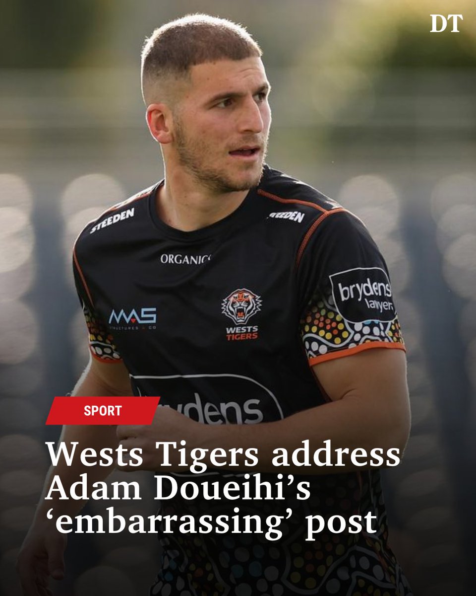 dailytelegraph's tweet photo. The Wests Tigers has reacted to Adam Doueihi's social media post labelling LGBTQ+ inclusion as ‘embarrassing’. THEIR RESPONSE: https://t.co/qGEV7zEoQ7 https://t.co/sSPjXd6eu0