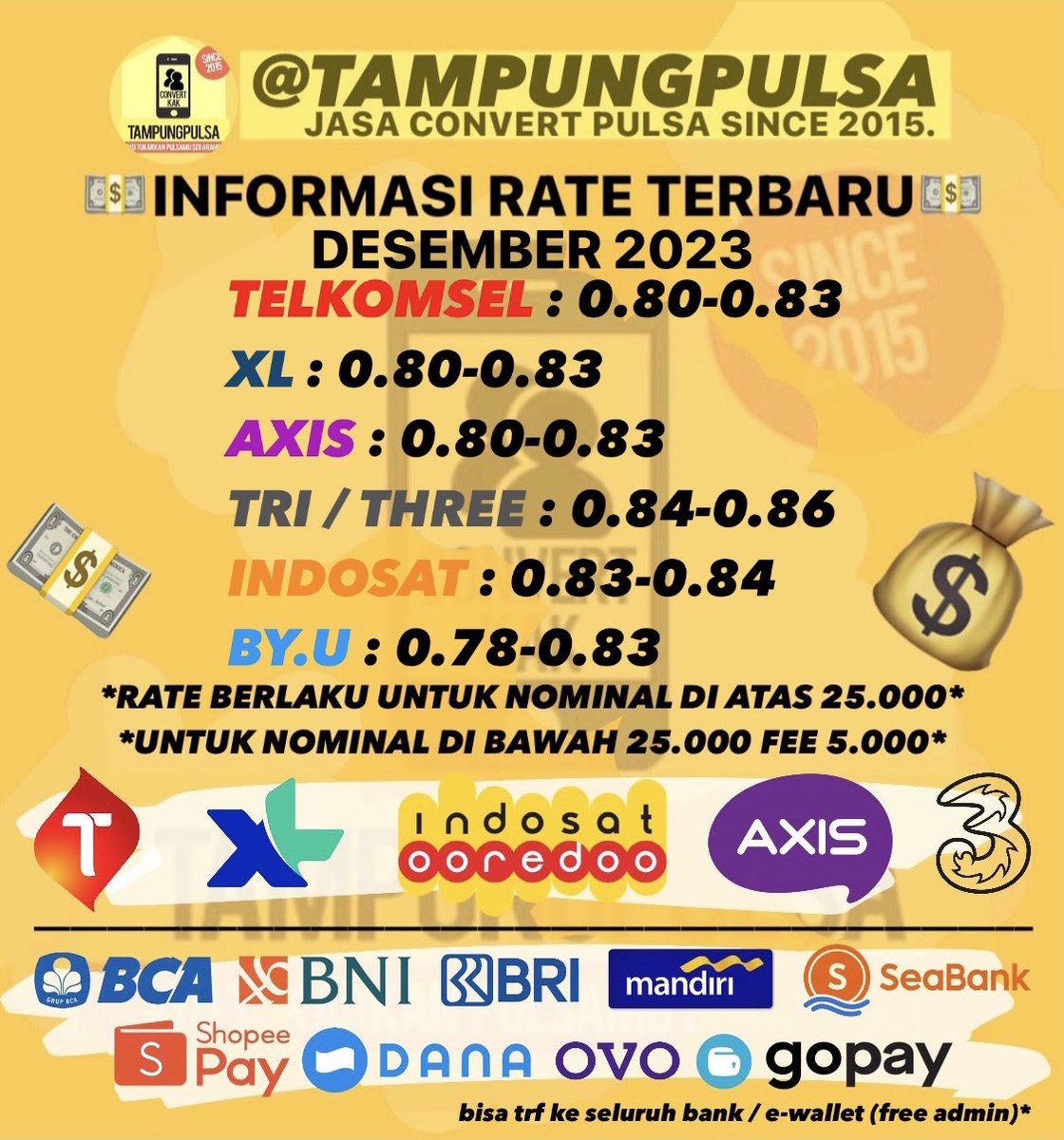 tampungpulsa2's tweet photo. Open CV Pulsa / Convert Pulsa by @TAMPUNGPULSA

Update Rate (Desember 2023)

TSEL : 0.80-0.83
XL : 0.80-0.83
AXIS : 0.80-0.83
Three/Tri : 0.84-0.86
Indosat : 0.83-0.84
BYU : 0.78-0.83
*trx under 25k fee 5k

free admin ke all bank/e-wallet

WA : https://t.co/7Ts2q3aUJO

#zonauang https://t.co/AmmI3Nweha
