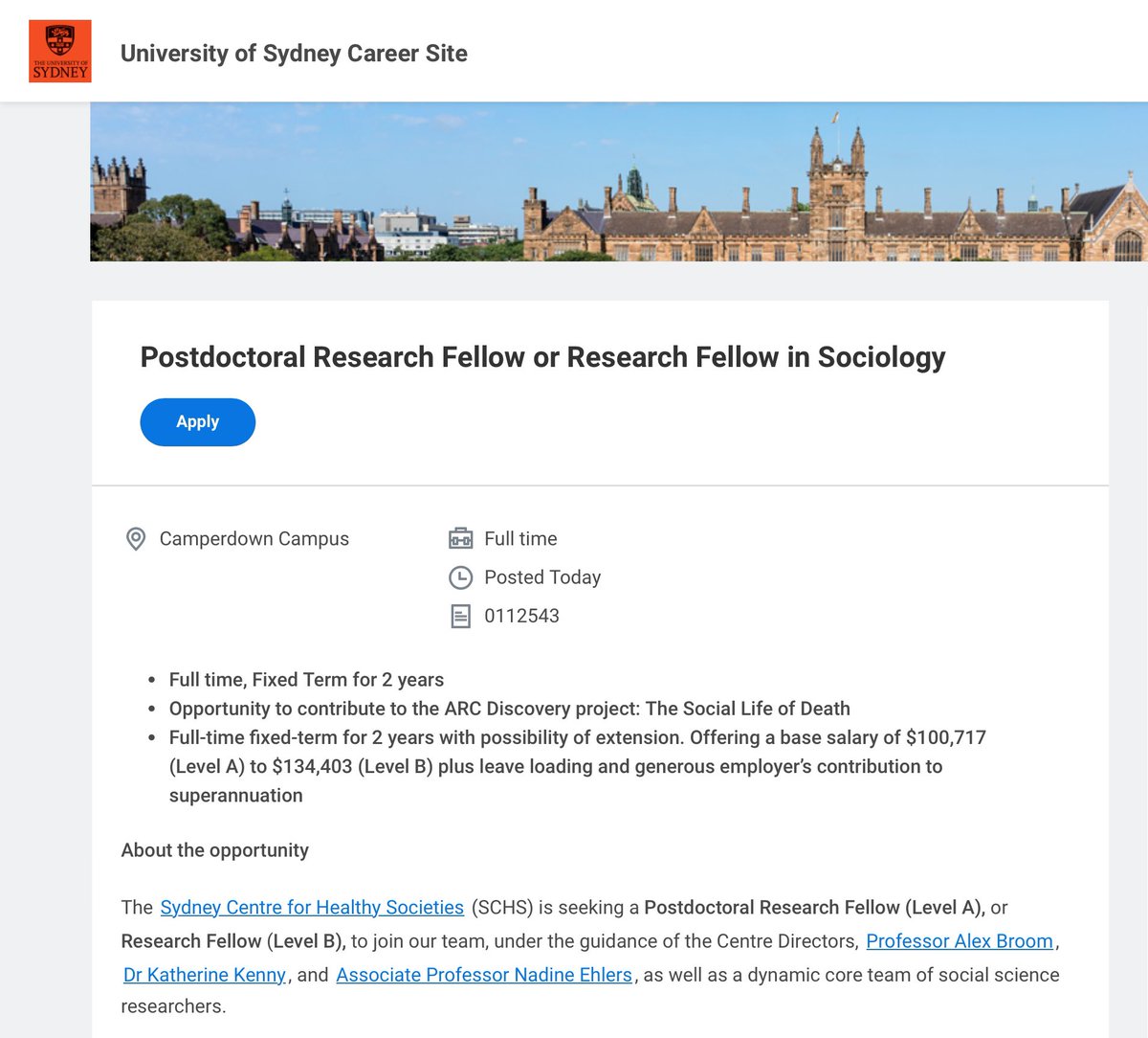 ❗️JOB❗️We are advertising for a Level A/B Postdoc (2 yrs initially), to work with us on the sociology of death, dying and bereavement. Open to a range of backgrounds - suit someone keen on qualitative and sensitive research. Join the fab @Sydney_CHS team! tinyurl.com/4998fuzj