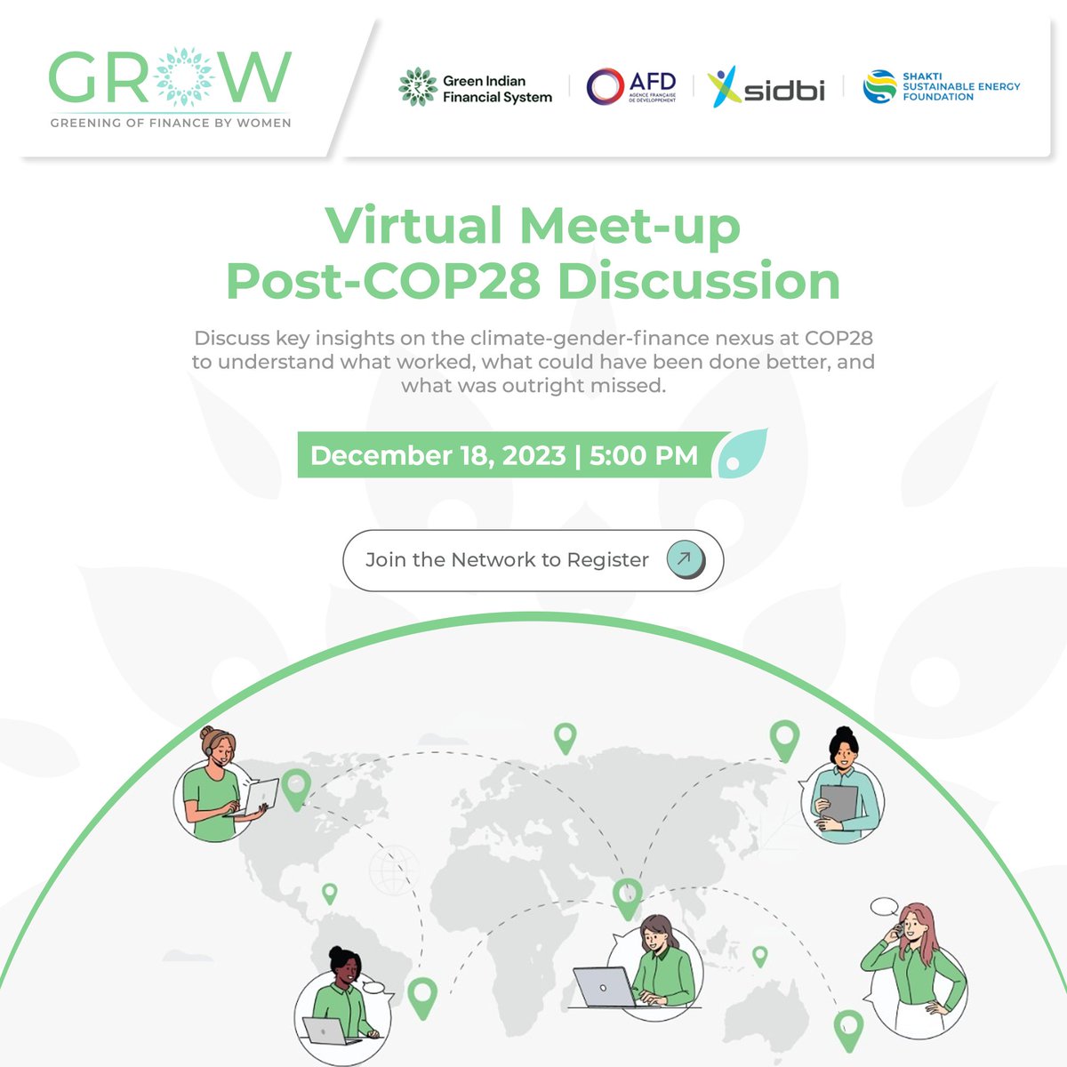 Save the Date: Virtual Meet-up | Post-COP28 Discussion on Dec 18th!  📷
#GroWNetwork members will delve into key insights from #COP28, analyzing what worked and the aspects that need attention.

Become a GroW member and be part of this vital discussion:  bit.ly/GroWWithUs