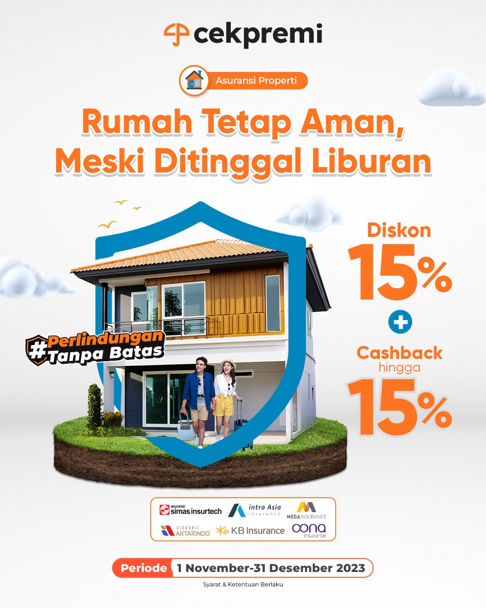 cekpremi's tweet photo. Jangan biarkan rasa cemas menghantui liburan akhir tahun mu. 

Pakai asuransi dari Cekpremi, rumah tetap aman meski ditinggal liburan.

Kamu bisa dapatkan diskon 15% + cashback hingga 15% untuk perlindungan rumah berharga mu.

Yuk cek premi nya sekarang di https://t.co/XxZNGSDxu0 https://t.co/QgpXVHuZDR