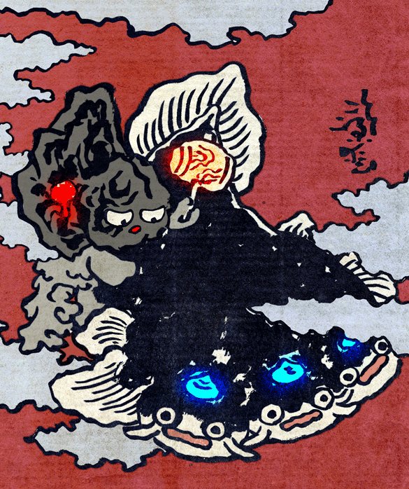 traditional media fine art parody traditional youkai no humans cloud solo red background general  illustration images