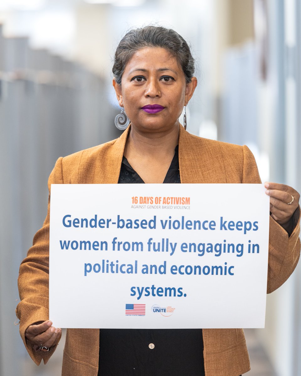 लैङ्गिक हिंसाले महिलाहरूलाई राजनीतिक र आर्थिक प्रणालीमा पूर्ण रूपमा संलग्न हुनबाट रोक्छ। The U.S. Embassy in Nepal and UNiTE Campaign (@UN Women) invite you to join us in amplifying this powerful message: In our world, there is #NoExcuse for gender-based violence, and we must…