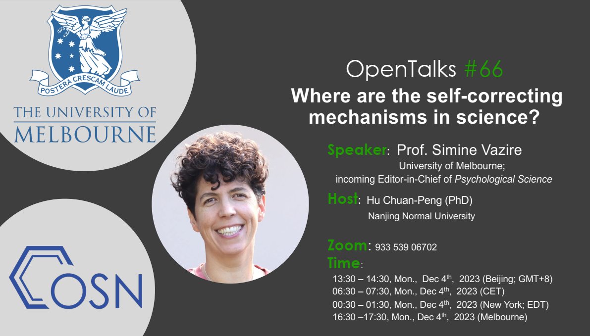 Chinese Open Science @ chineseopensci.bsky.social (@chineseopensci) on Twitter photo We are thrilled that <a href="/siminevazire/">simine vazire</a>'s talk for our network is happening, in less than 1.5 hours!
plz join us via cuhk.zoom.us/j/93353906702
Thx <a href="/hcp4715/">Hu Chuan-Peng | @hcp4715.bsky.social</a> for coordinating and all members for preparing the poster and more! We are thrilled that <a href="/siminevazire/">simine vazire</a>'s talk for our network is happening, in less than 1.5 hours!
plz join us via cuhk.zoom.us/j/93353906702
Thx <a href="/hcp4715/">Hu Chuan-Peng | @hcp4715.bsky.social</a> for coordinating and all members for preparing the poster and more!