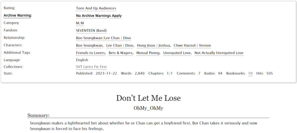 Don't let me lose - Boochan - mutual pining for
<a href="/svtlyricsff/">SVT Lyrics Fic Fest • AUTHOR REVEALS</a>
archiveofourown.org/works/51562129
