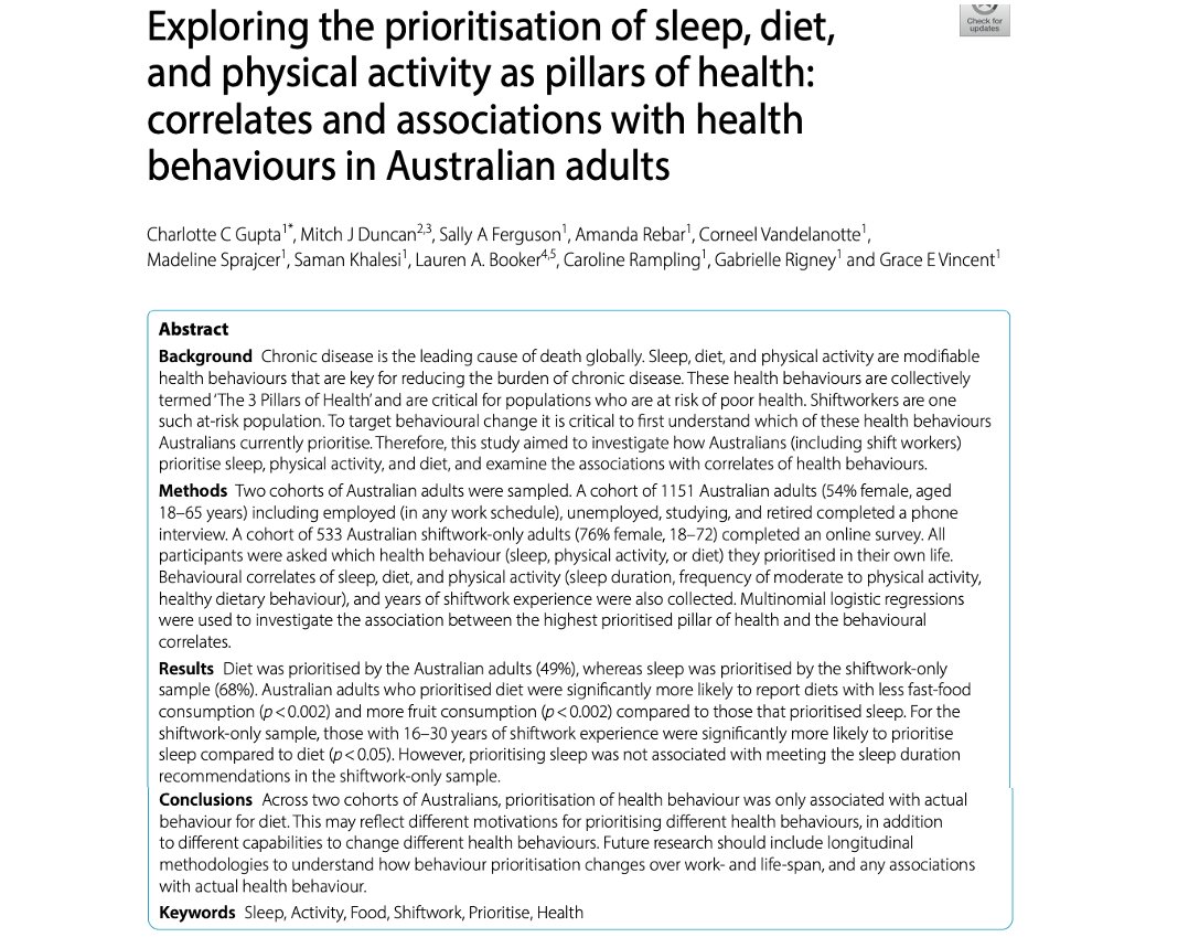 JASSB (@jassb_journal) on Twitter photo NEW PAPER 2 - 26: Gupta et al. Exploring the prioritisation of sleep, diet and physical activity as pillars of health.
Read open access @: jassb.biomedcentral.com/articles
<a href="/cc_gupta/">Dr Charlotte Gupta</a> <a href="/mitchjduncan/">Mitch J Duncan</a> @sal_ferguson <a href="/AmandaRebar/">Amanda Rebar</a> <a href="/CorneelVDL/">Corneel Vandelanotte</a> <a href="/msprajcer/">Madeline Sprajcer</a> <a href="/SKhalesi/">Saman Khalesi</a> <a href="/CarolineRampl13/">Caroline Rampling</a> <a href="/PhDsleepy/">Grace Vincent</a> NEW PAPER 2 - 26: Gupta et al. Exploring the prioritisation of sleep, diet and physical activity as pillars of health.
Read open access @: jassb.biomedcentral.com/articles
<a href="/cc_gupta/">Dr Charlotte Gupta</a> <a href="/mitchjduncan/">Mitch J Duncan</a> @sal_ferguson <a href="/AmandaRebar/">Amanda Rebar</a> <a href="/CorneelVDL/">Corneel Vandelanotte</a> <a href="/msprajcer/">Madeline Sprajcer</a> <a href="/SKhalesi/">Saman Khalesi</a> <a href="/CarolineRampl13/">Caroline Rampling</a> <a href="/PhDsleepy/">Grace Vincent</a>