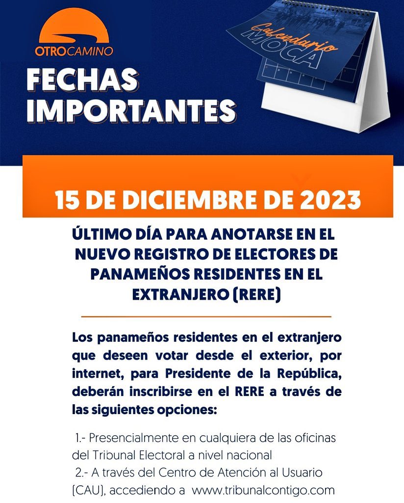 A todos los panameños residentes en el extranjero (temporal o permanente) les recordamos que tienen hasta el 15 de diciembre para registrarse y poder votar para Presidente.  Entra a tribunalcontigo.com y regístrate ya.