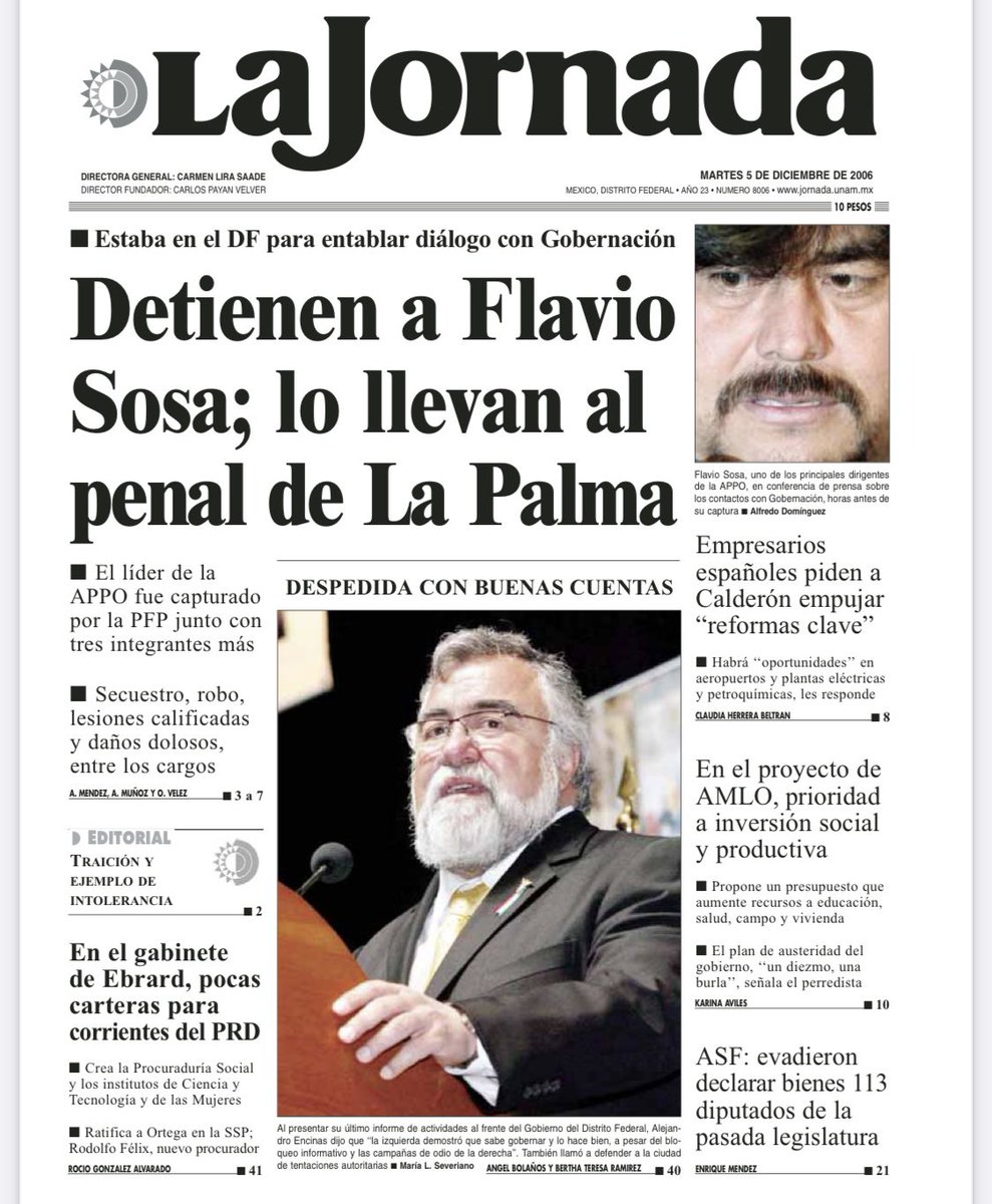 flaviososavilla's tweet photo. El 4 diciembre del 2006 el asesino @FelipeCalderon y su Socio Genaro García ordenaron nuestro encarcelamiento en un penal de máxima seguridad. @lopezdoriga al servicio de García Luna nos dio trato de criminales en su noticiero. No nos rendimos, no nos vendimos. #ProhibidoOlvidar https://t.co/Mc44I458EH
