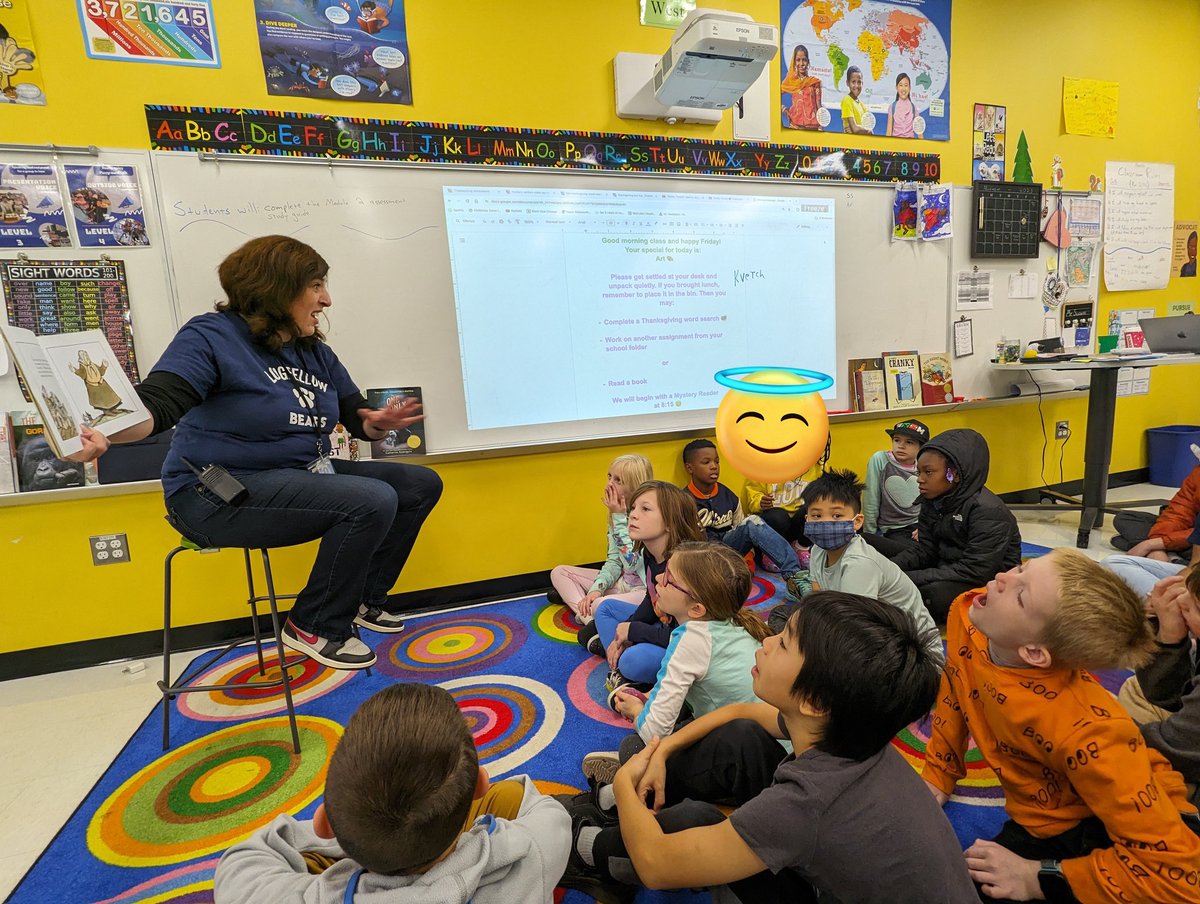Thanks to our assistant principal Ms. Thomas for dropping in as one of our recent mystery readers 📚 She read us The Tale of Meshka the Kvetch #LongfellowBears #WeAreD97