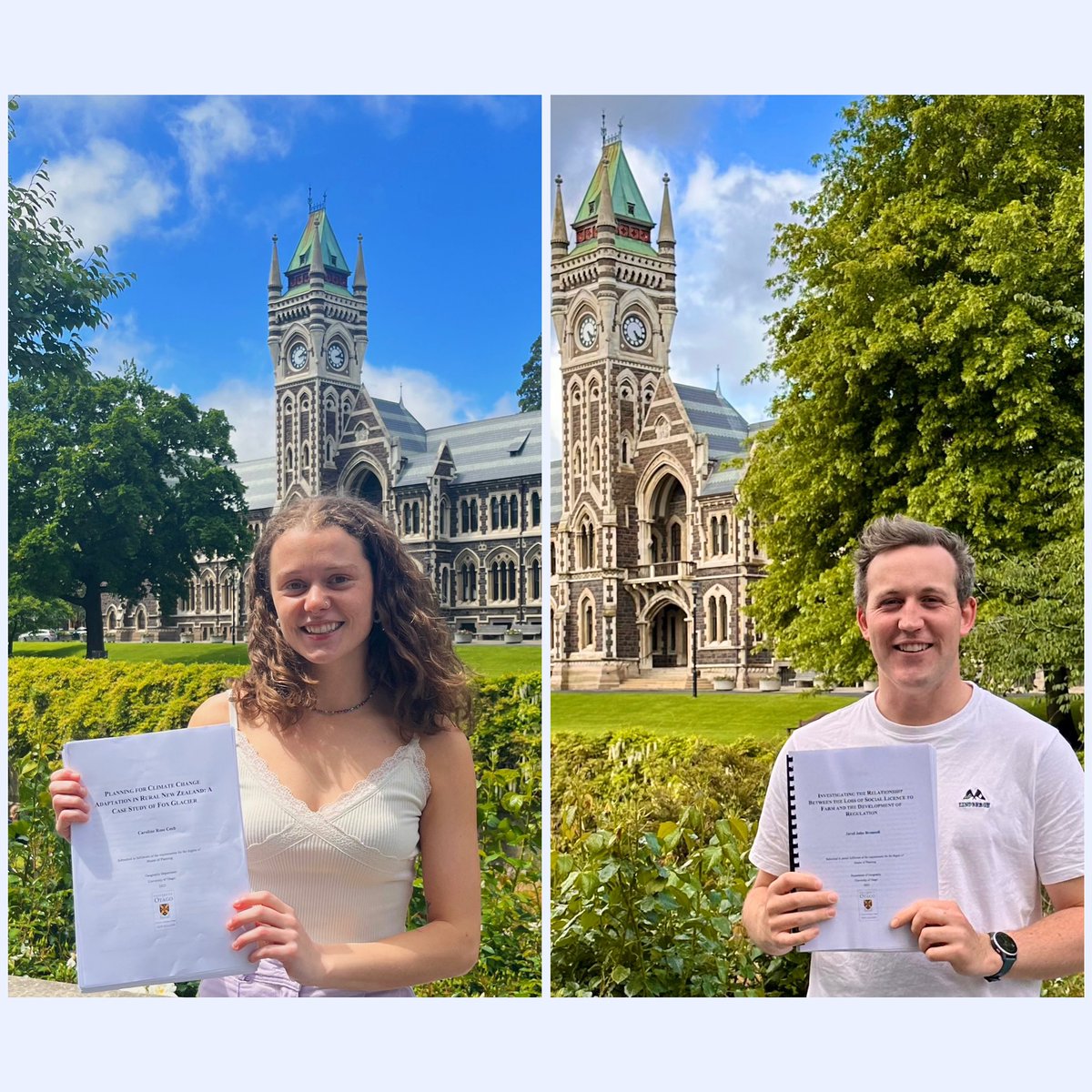 👏🏽👏🏽 #MPlan candidates Caroline Cech & Jared Brenssell have submitted their theses. Caroline’s is “Planning for #ClimateChange #Adaptation in Rural NZ: Fox Glacier”.  Jared’s is “Investigating the Relationship Betw the Loss of #SocialLicence to #Farm & the Develt of Regulation”🥳