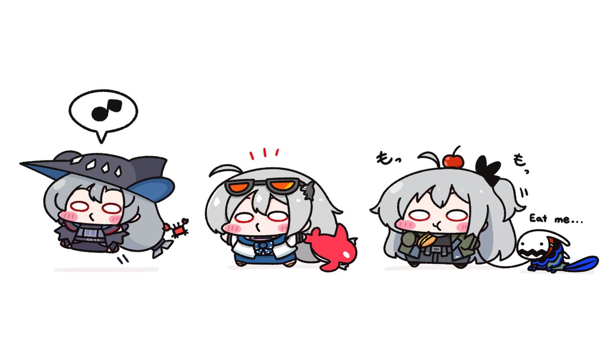 skadi (arknights) ,specter (arknights) musical note multiple girls eighth note spoken musical note chibi grey hair white background  illustration images