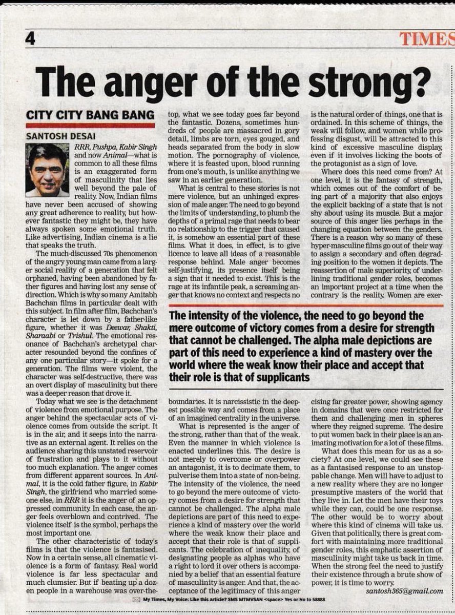 On Animal, the rise of the hypermasculine film and what it says about us. Today in the TOI