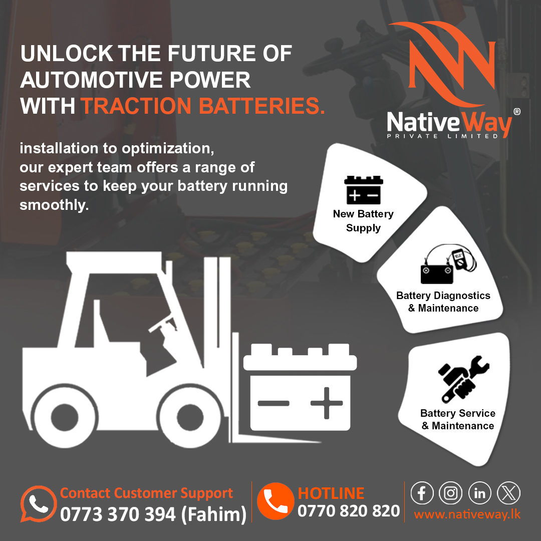NativeWay_lk's tweet photo. Your One-Stop Destination for Traction Battery Brilliance! 
Contact us now for Sales, Service &amp; Repair inquiries.
Call: 0770 820 820 📞
Email:  sales@nativeway.lk ✉ 
Website: https://t.co/6NT9W3U2x1 🌐
#nativeway #nativewayservices #powerUpYourRide #batterybrilliance https://t.co/GPWTs0mf55