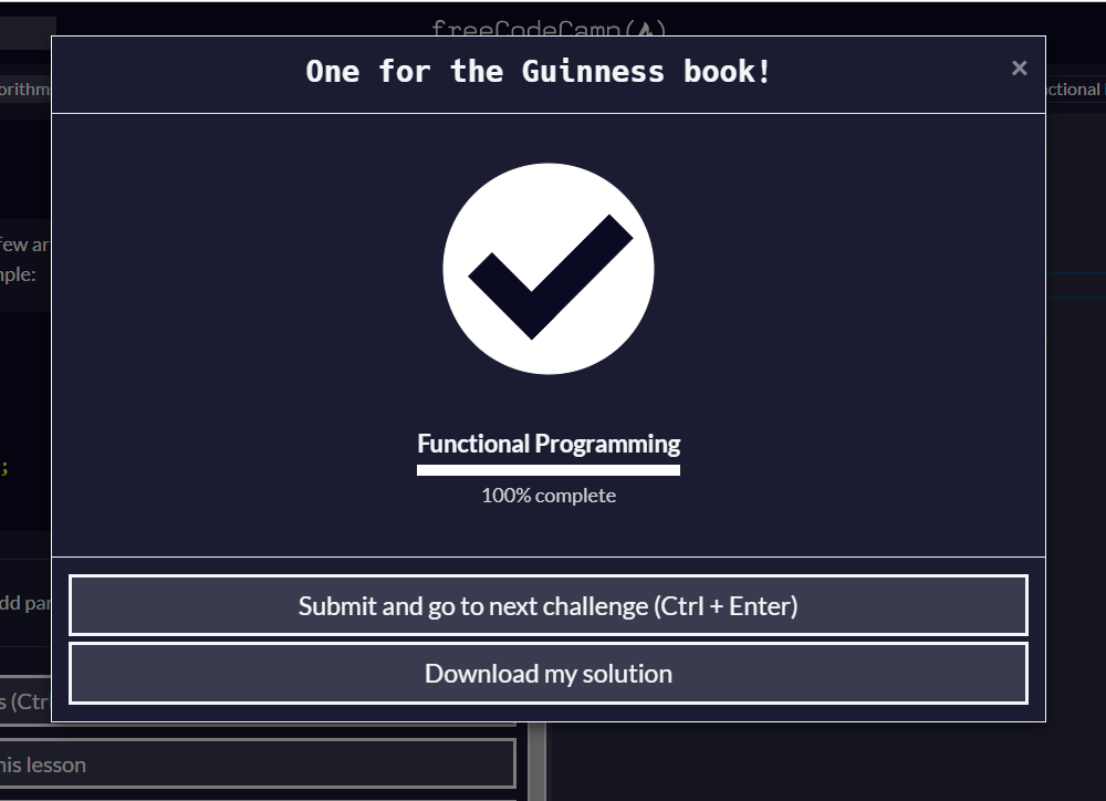 lightshock39's tweet photo. Day52/ #100DaysOfCode 
-Done with "Functional Programming" @freeCodeCamp 
-Next "Intermediate Algorithm Scripting"
- Also did some @codewars a few level 8 &amp; 7 's
-Over complicated with this one; the answer was really easy https://t.co/n1chWFwWuU
