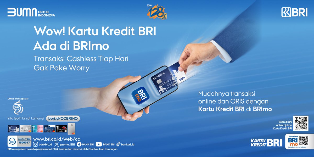 Sobat BRI,
Kartu Kredit BRI Virtual hadir untuk memberikan kemudahan transaksi online maupun pembayaran menggunakan QRIS di BRImo.
Yuk segera aktivasi Kartu Kredit BRI kamu di BRImo! 
info lebih lanjut kunjungi bbri.id/CCBRIMO
#KartuKreditBRI #TerusBukaJalan