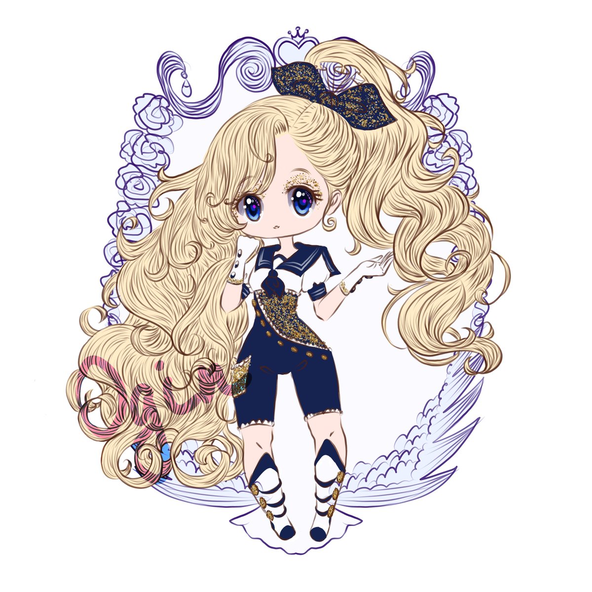 Ogin_WIPs's tweet image. There will be 5 chibis and 5 semi-chibis as the one below. Very simple, flat colours, sketchy lines. Tried not to go overboard with the designs. 😑