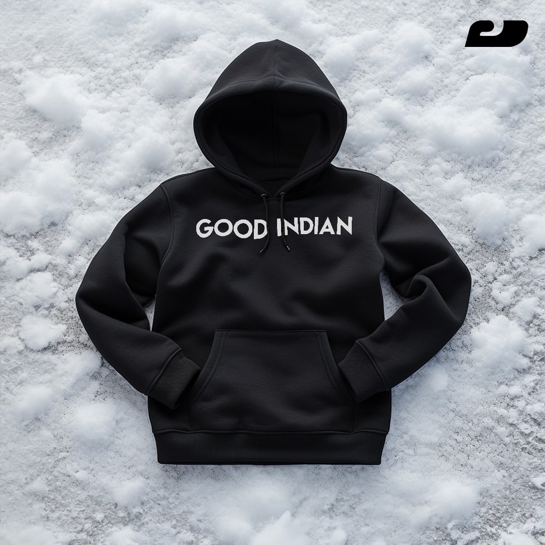 GoodIndianTM's tweet photo. Winter has come! ❄️ From the snow to the streets, the Good Indian Essential Hoodie in black keeps you warm and stylish at all times. Our AI-generated flatlay captures the hoodie in its best form, showcasing the adjustable hood, kangaroo pockets, and innovative thumb loops. https://t.co/kXM9vhfYfF