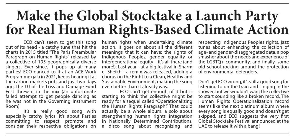 In the #ParisAgreement, Parties committed to climate action in line with #HumanRights obligations. 

It's time to make this reality. They must move beyond repeating the paragraph to operationalizing it. 

The #GlobalStocktake is an opportunity to do so. Today's #ECO at #COP28 👇