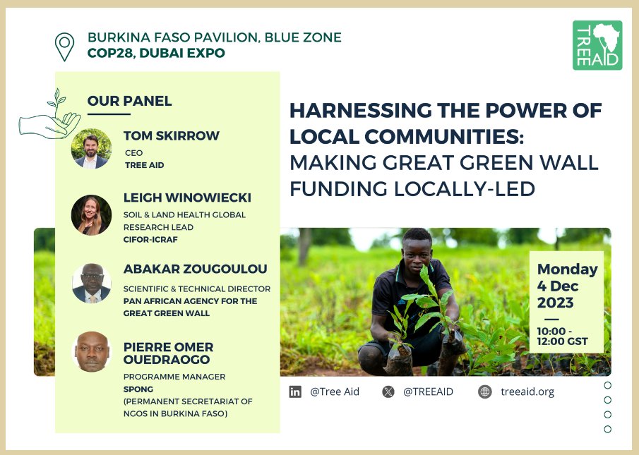 📢Coming in less than 1⃣ hour at #COP28 

Harnessing the power of local communities: Making #GreatGreenWall funding more locally-led.

📍Burkina Faso Pavilion

Learn more: tinyurl.com/anpxrunu  

#WorldSoilDay #COPsoil  #ActionOnSoil #ActionOnFood #SoilHealth #FoodSystems