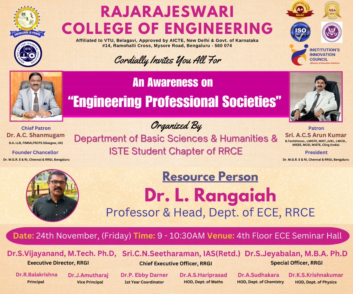 rrceblr's tweet image. RajaRajeswari College of Engineering Cordially invites you all for An Awarness on
&quot;Engineering Profesional Societies&quot; Organixed by Department of #Basic_sciences &amp;amp; #Humanities
&amp;amp; #ISTE Student chapter of #RRCE
Read more: rrce.org/news/professio…