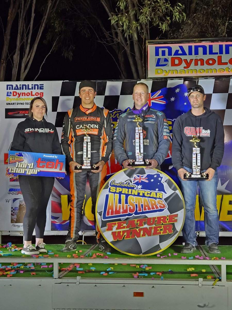Chrissy by a split second.
A nail biting finish at Blue Ribbon Raceway Saturday night with Chris Solomon just beating Rusty Hickman across the line to take the A Main win. Brendan Quinn home in third. TEH Hard Charger Stacey Galliford winner joins the podium for the photo shoot.