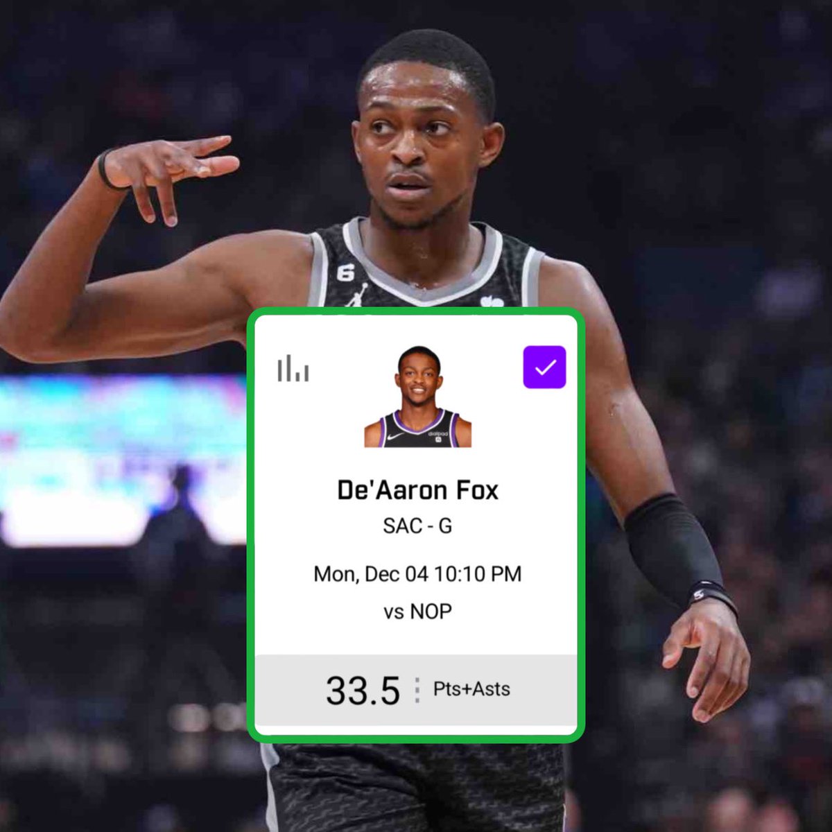 PrizePicksValue's tweet photo. 🚨 #NBA VALUE PLAY: De’Aaron Fox O33.5 Points + Assists! 🔒

✅ Over in 9/13 (69%) of games
✅ Over in L4/4 games
✅ Over in 6/6 home games 

📊 Fox home gamelog (@propsdotcash)

#PrizePicks #GamblingTwitter #PlayerProps #UnderdogFantasy   #DFS #FreePicks #DraftKings #SportsBetting #BettingTips #GamblingX #PrizePicksNBA #PrizePicksNFL