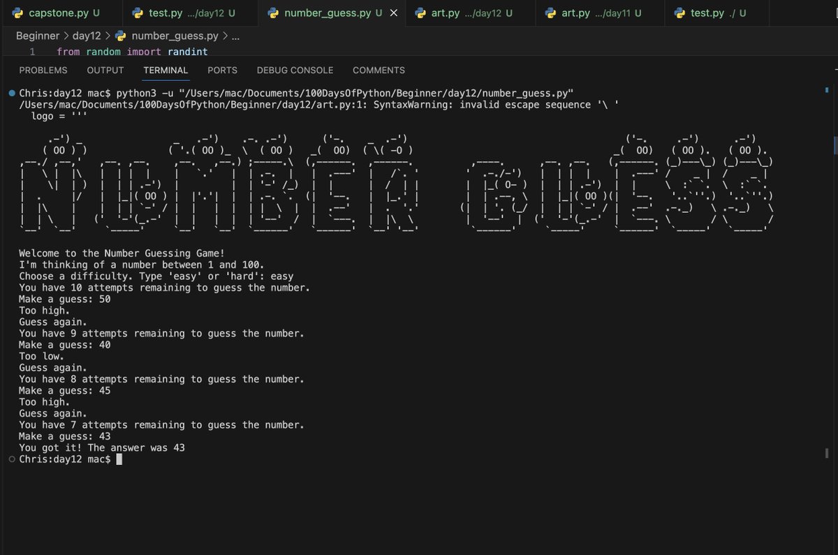 oluchristian0's tweet photo. Day #12 #100DaysOfCode #100DaysofCodeinPython
- I learned about block scopes, namespaces: local and global variables, and how to modify global variables.
- I built a number guessing game for my project which was quite easy. https://t.co/IKG6JbIw61