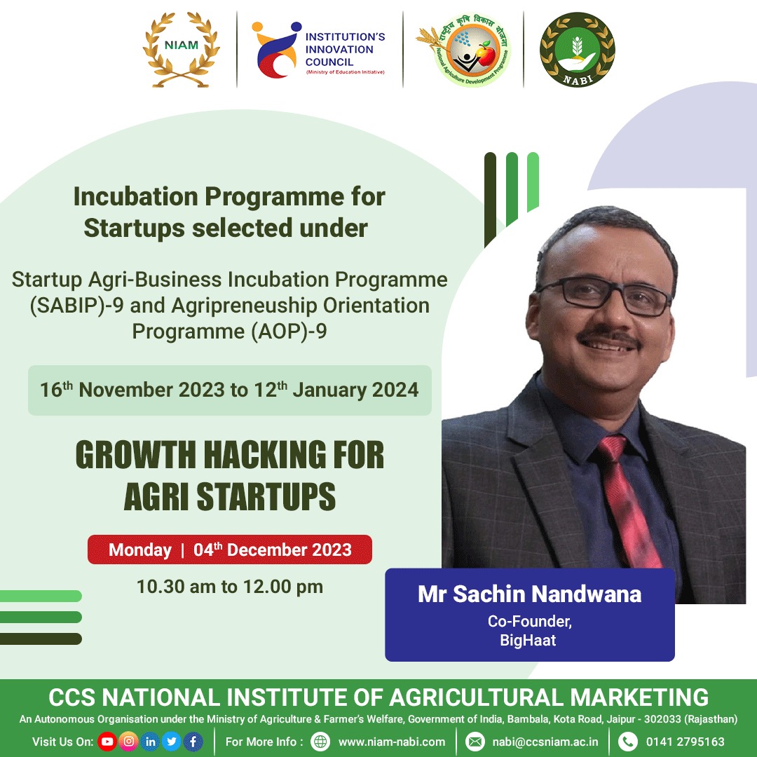 iefccsniam's tweet photo. Lecture Session on "Growth Hacking for Agri Startups" by Mr Sachin Nandwana, Co-Founder, BigHaat on 4th December 2023, 10:30 am to 12 pm.
https://t.co/pLLcndeGDr
#Lecture #Lecturesession #GrowthHacking #AgriStartups #BigHaat #rkvyraftaar #agristartup #agribusiness #CCSNIAM https://t.co/Fi0b78M24T