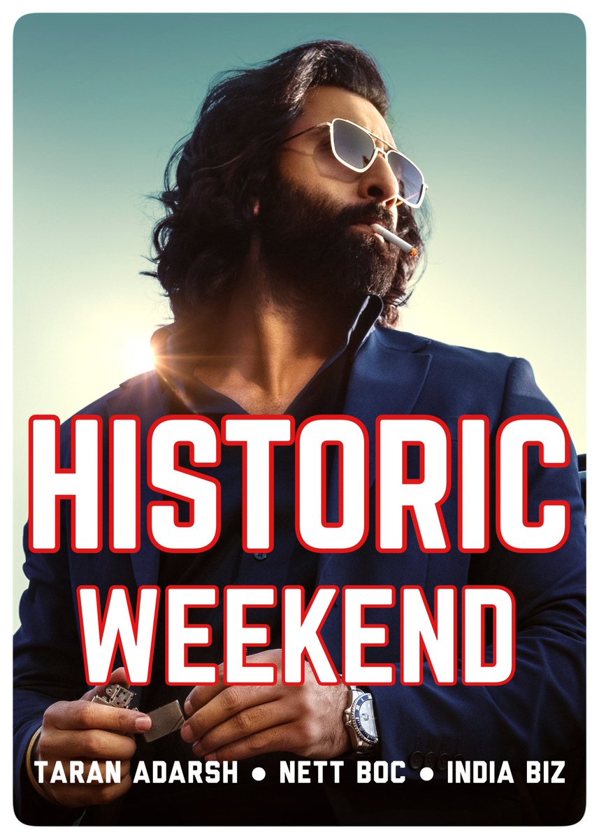 TSUNAMI - HURRICANE - TYPHOON… ‘ANIMAL’ HAS HISTORIC WEEKEND…
#Animal packs a BLOCKBUSTER TOTAL in its opening weekend, despite ‘A’ certification… Fri 54.75 cr, Sat 58.37 cr, Sun 63.46 cr. Total: ₹ 176.58 cr. #Hindi version. Nett BOC. #Boxoffice

#Pathaan vs #Jawan vs #Animal