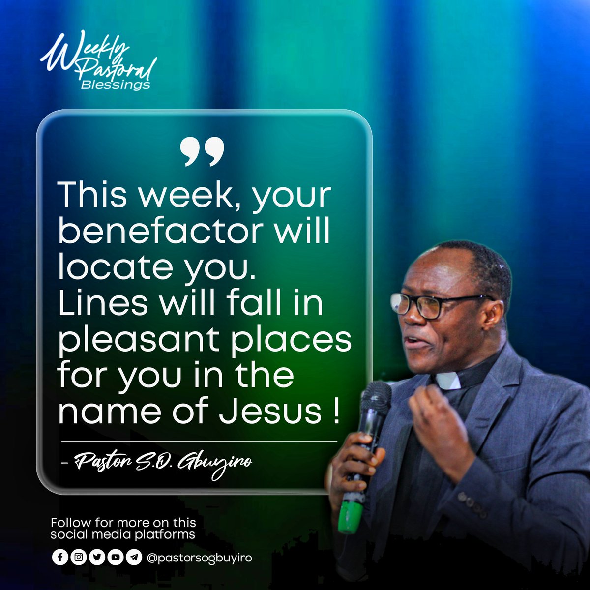 This week, your benefactor will locate you. Lines will fall in pleasant places for you in the name of Jesus !

#weeklypastoralblessings
#newweekblessings
#pastorsogbuyiro
#cacyouthdirector
#cacnigeriaandoverseas