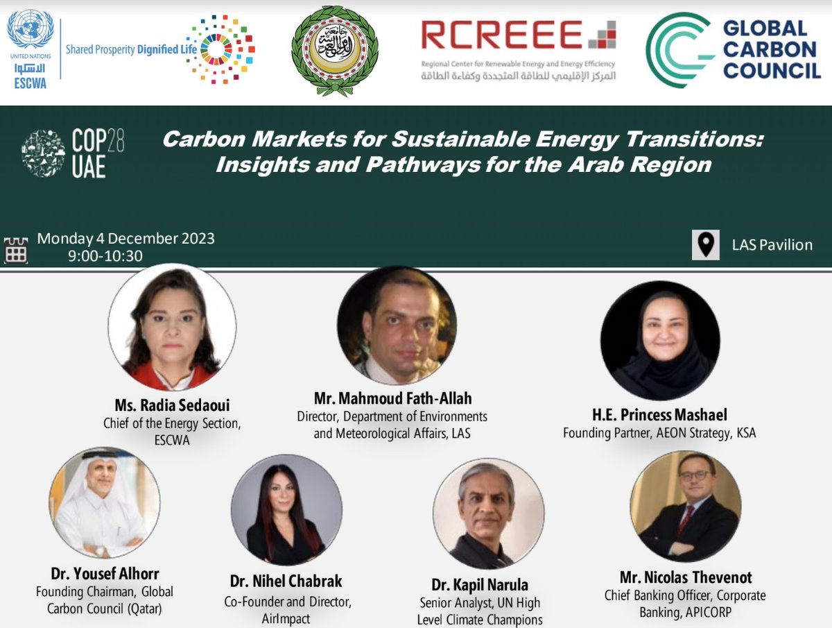 jauelk's tweet photo. #happeningnow @COP28 #cop28_rcreee @rcreee #ESCWA #LAS #carbonmarkets #GCC #APICORP #Airimpact #UNhighlevelclimatechampion #AEON #energytransition https://t.co/JNVjELBgaU