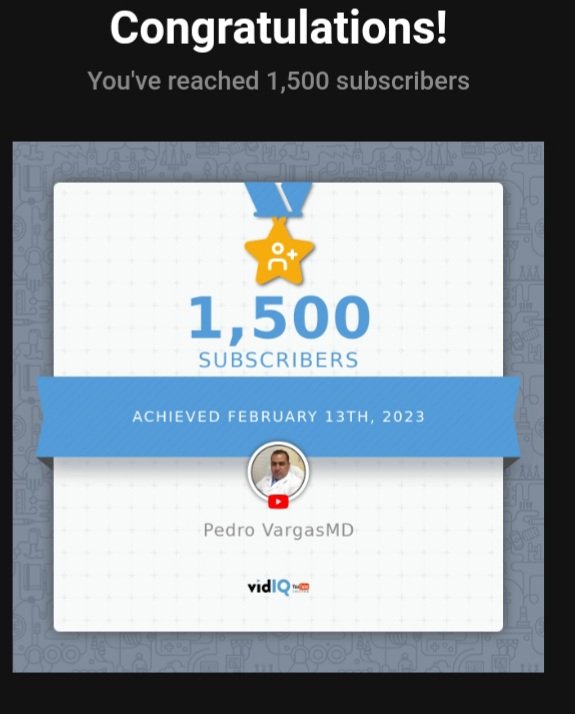 PedroVargasMD's tweet photo. ¡Mi canal de youtube logró 1500 suscriptores el 13 de febrero de 2023! Siga y celebre su propio exito hoy gratis con @vidIQ #vidIQ https://t.co/fqhuzFQz3C