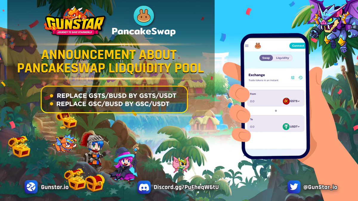 📢📢 ANNOUNCEMENT ABOUT PANCAKESWAP LIDQUIDITY POOL: Gunstar Metaverse will replace the current GSTS/BUSD by new pair GSTS/USDT and GSC/BUSD by new pair GSC/USDT on Pancakeswap ⏰ Maintenance timeline: 05 Dec - 06 Dec, 2023 #Gunstar #Metaverse $GSTS $GSC #PlayAndEarn #BNBChain