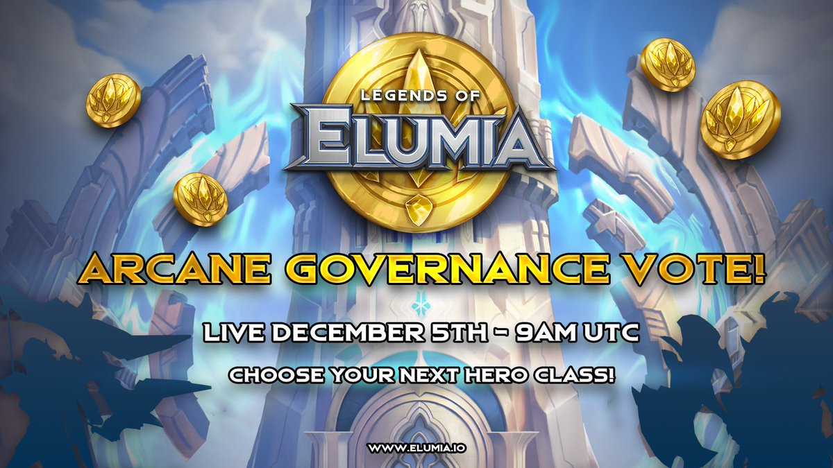 PlayElumia's tweet photo. 🚨 Calling all Elumians!  

The Next Arcane Governance vote starts Tuesday 
(9am UTC). 🗳️🥳

Your chance to choose the next Class! ⚔️🪓🏹

Only ELU tokens held in your wallet BEFORE the voting snapshot begins, will count towards your vote! https://t.co/j3ojmlXAb7